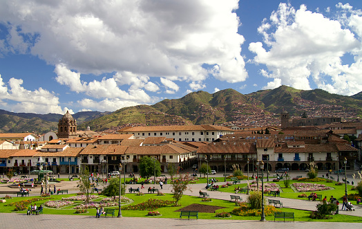Villa de Leyva, Colombia - November 20th 2023: Colonial town with Plaza Mayor, largest stone-paved square in South America, narrow streets, whitewashed buildings and historical UNESCO architecture.