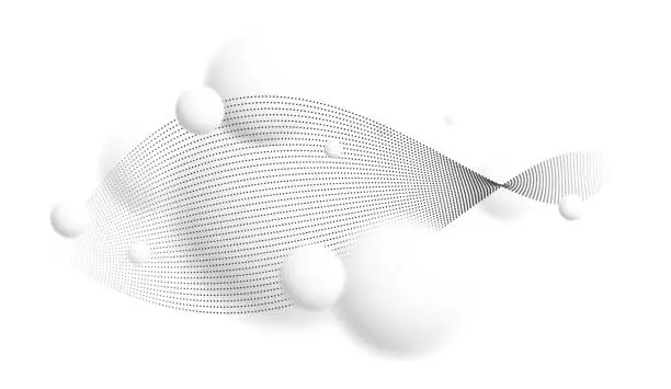 Vector illustration of Light and soft 3D defocused spheres with particles wave flow vector abstract background, relaxing ambient theme with white balls in levitation, atmospheric wallpaper.