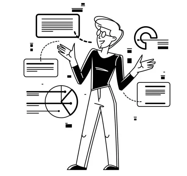 Vector illustration of Intellectual worker making analysis of some data on pc or web, data systematization, collecting and analyzing information, vector outline illustration.