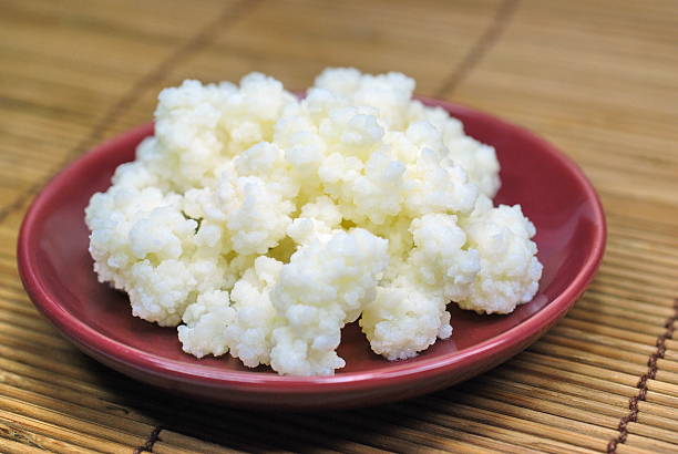 Portion of Kefir of a red plate Grains of kefir bakers yeast stock pictures, royalty-free photos & images