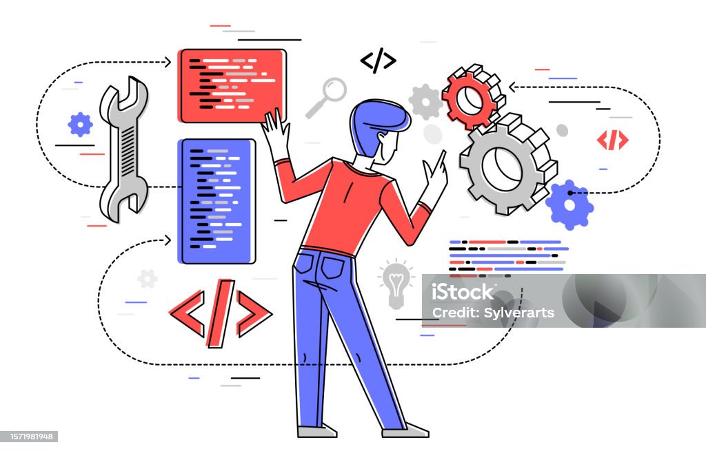 Programmer Is Coding And Repairing Some Machine System Vector Outline ...
