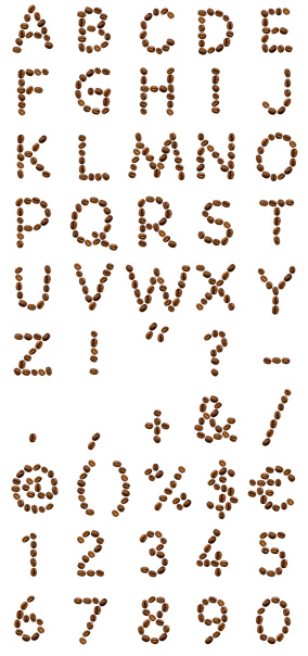 Alphabet made of coffeebeans, isolated on white background