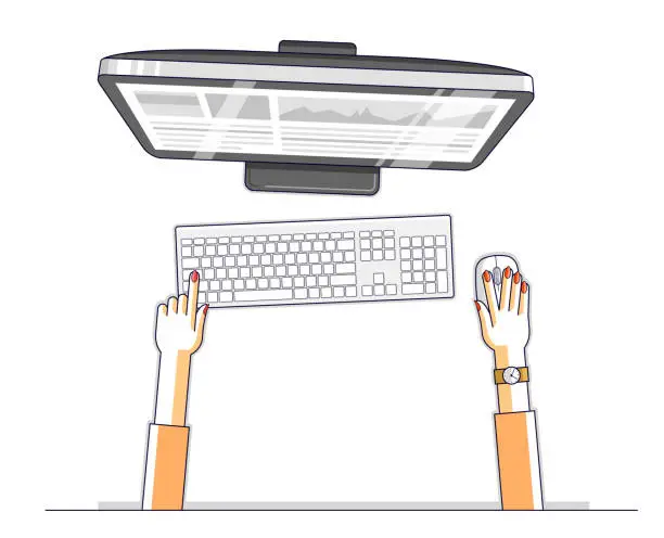 Vector illustration of Office worker or entrepreneur business woman working on a PC computer, top view of workspace desk with human hands, overhead look. Vector illustration.