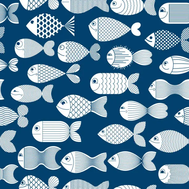 Vector illustration of Funny cartoon fishes vector seamless background, cute childish pattern for children textile or wrapping paper or packaging for seafood products.