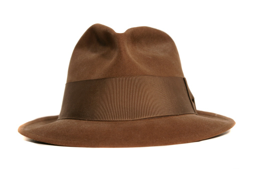 Winter wide brim leather hat, isolated on blank background. Front view.