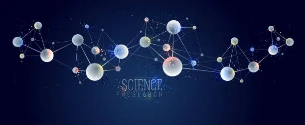 Vector illustration of Molecules vector abstract background, 3D dimensional science chemistry and physics theme design element, atoms and particles micro nano scientific illustration.