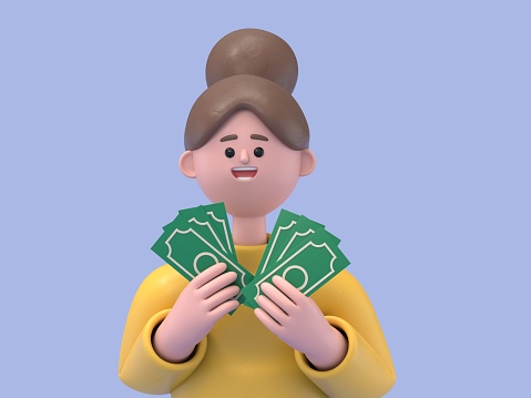 3D illustration of Asian woman Angela holding money bills, positively surprised, space for textadvertising concept, 3D rendering on white background.