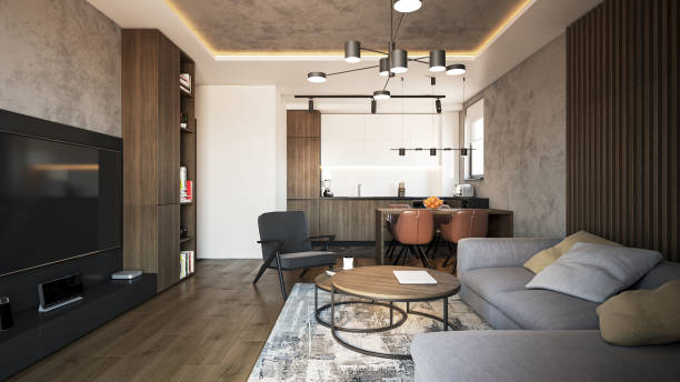 istock Interior Design. Architecture. Computer generated image of living room. Architectural Visualization. 3D rendering. 1571989096