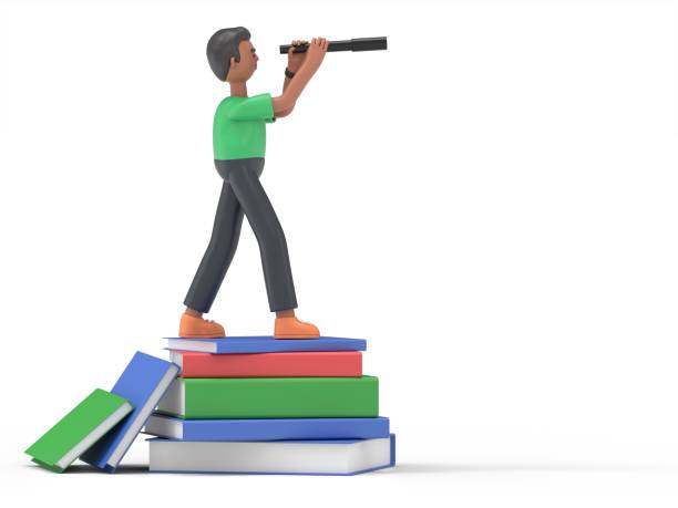 istock 3D illustration of afro man David with binoculars standing on book pile. Future and vision concept.3D rendering on white background. 1571991782
