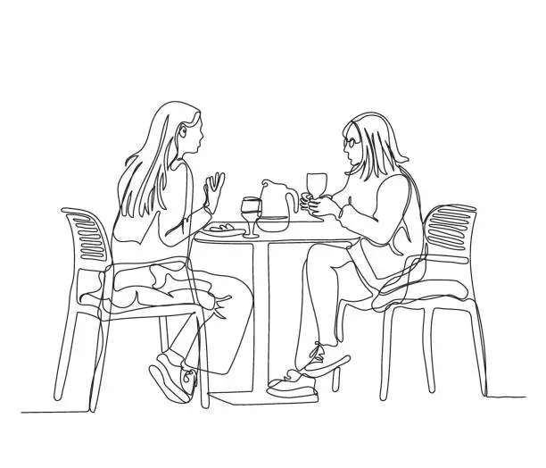 Vector illustration of 2 women talking and having food at street cafe. Black and white vector illustration in line art style.