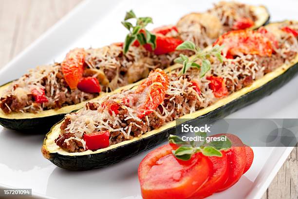 Zucchini Halves Stuffed With Minced Meat Stock Photo - Download Image Now - Baked, Beef, Cheese
