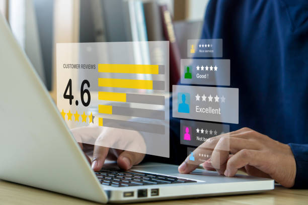 istock Customer review and service evaluation for satisfaction feedback survey concept.Businessman man gives rating to service experience on online application.Reputation ranking of business. 1572016883