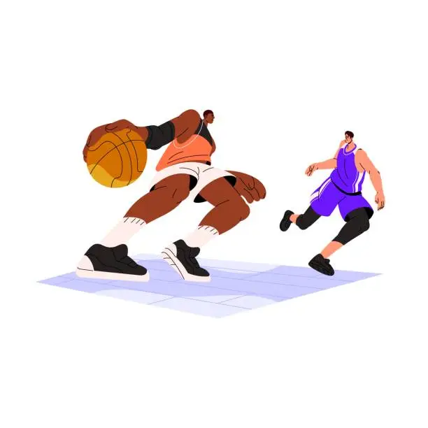 Vector illustration of Basketball players playing sport game championship, international competition. Rivals competitors opponents struggling ball at tournament. Flat vector illustration isolated on white background