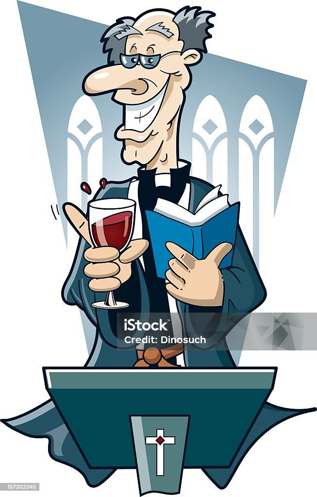 Old vicar or priest drinking red wine at the pulpit Wine with character. A vicar or priest having a sneaky glass of wine whilst telling off the congregation from his pulpit. Background windows are on a separate layer and can be easily removed. Priest stock vector