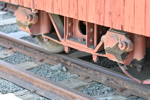 Closeup of antique train wheels on track