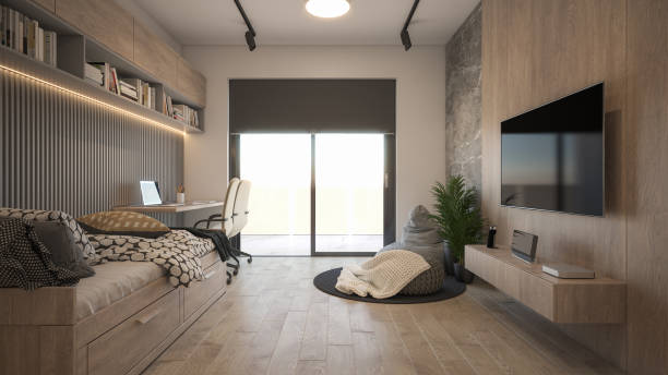 istock Interior Design. Architecture. Computer generated image of kids single bed room. Architectural Visualization. 1572046172