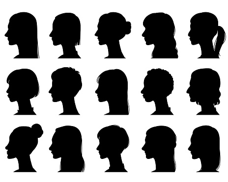 The profile line and hairstyle are all different.　Silhouettes of women of various races.