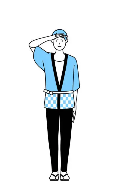 Vector illustration of Man wearing Happi coat for summer festivals making a salute.