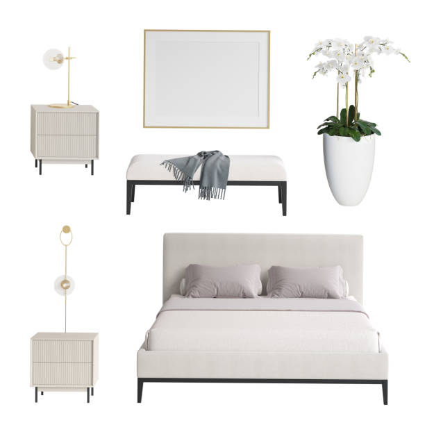 3d render un conjunto de muebles de dormitorio aislados 5. elegante cama doble simple, candelabro dorado sobre mesita de noche beige, póster en blanco, orquídea blanca en maceta, cuadros con borlas en el banco, lámpara dorada en la mesita de noche.