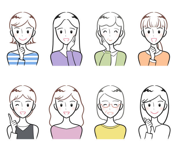 dorosłe kobiety w różnym wieku pozytywne gesty i mimika zestaw ikon (prosty) - happy group stock illustrations