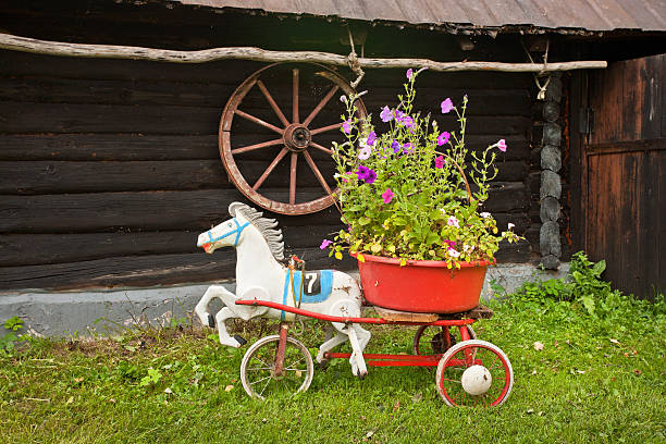 Toy horse flower holder stock photo