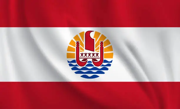 Vector illustration of Waving flag of French Polynesia blowing in the wind. Full page flying flag