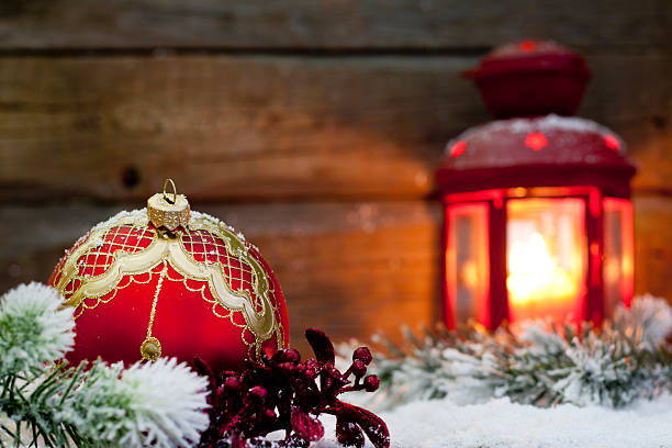 istock Christmas red bauble and lantern in night 157210327