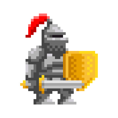 Medieval knight with sword and shield pixel art. Retro video-game character. Cartoon vector illustration