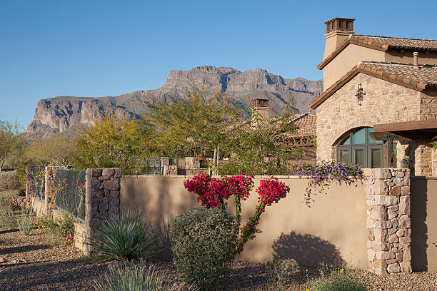 Desert Luxury Luxury homes neighborhood with mountain views in Arizona. phoenix stone stock pictures, royalty-free photos & images