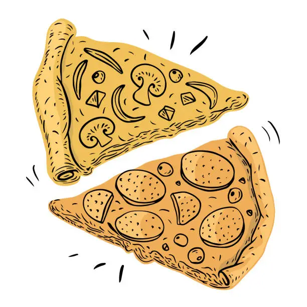 Vector illustration of pepperoni And Veggie Pizza Slices Sketch