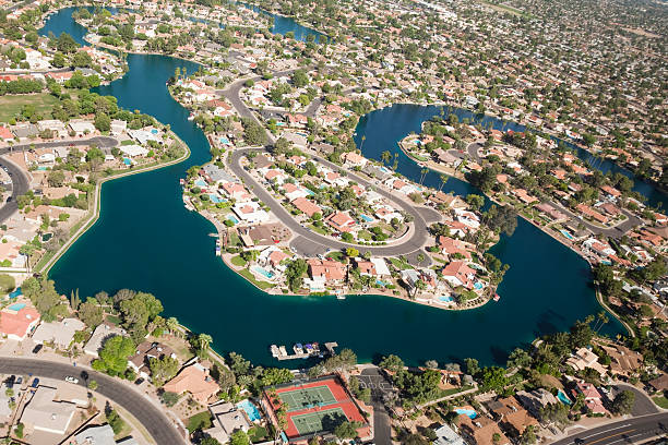 Aerial View of Planned Lake Community Aerial view of a master planned lake community. tempe arizona stock pictures, royalty-free photos & images