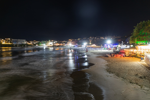 Sozopol, Bulgaria, July 8, 2023. The beach in the old part of the city of Sozopol in the evening.
