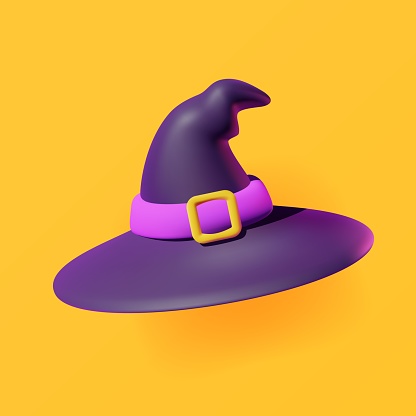 3d witch or wizard hat with belt, vector illustration isolated on a orange background.