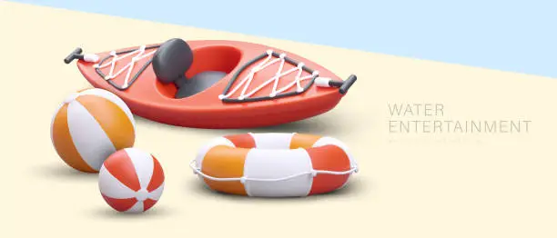Vector illustration of Active recreation, water entertainment. 3D kayak, striped balls, lifebuoy in cartoon style