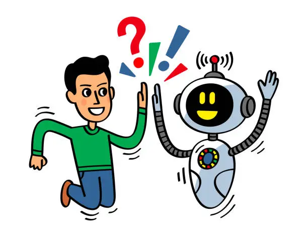 Vector illustration of Young man and chatbot greeting each other