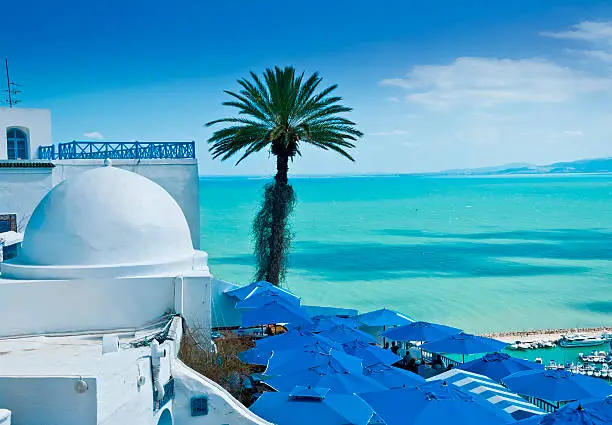 A view of Sidi Bou Said, traditional Tunisian architecture and the beautiful Mediterranean Sea