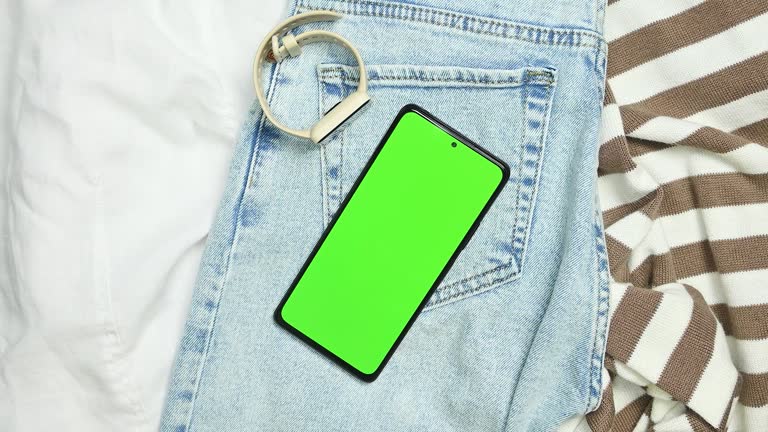 Blue jeans and sweaters and a smartphone with green screen, female hands tapping on screen, top view.