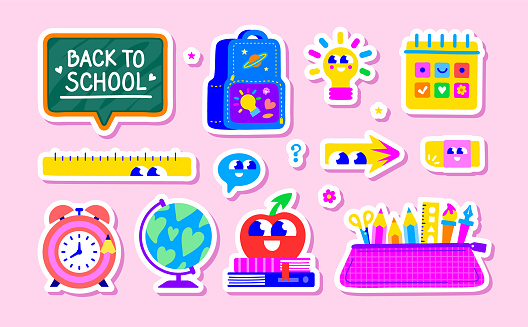 Set of cute cartoon stickers of school stationery, accessories.  Back to school supplies. Editable vectors.