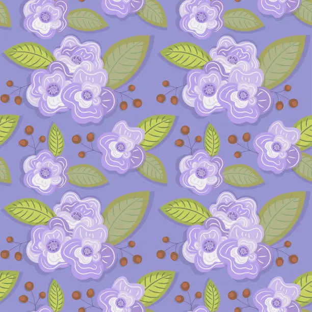 Vector illustration of Seamless pattern with violet flowers. Floral theme for wrapping paper, postcards, textiles. Vector.