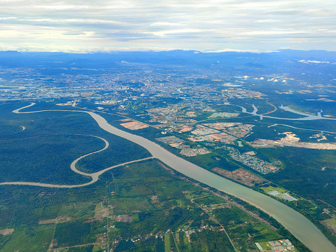 Focus scene on Sarawak Borneo from airplane point of view.