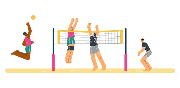 Vector illustration of Team sports game vector isolated illustration, men playing volleyball on the court, volleyball competitions