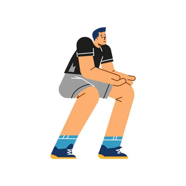 Vector illustration of Smiling young boy crouched and ready to hit ball flat style