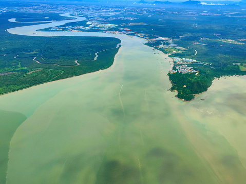 Focus scene on Sarawak Borneo from airplane point of view.