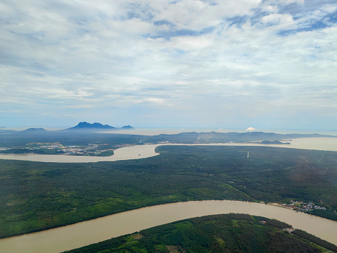 Focus scene on Sarawak Borneo from airplane point of view.