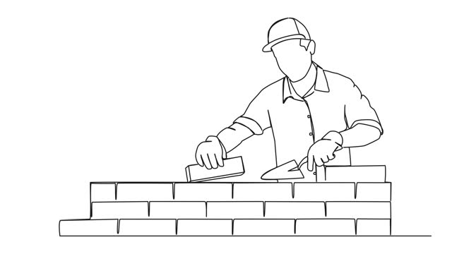 animated single line drawing of mason laying bricks
