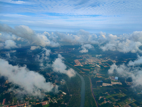 Focus scene on Sarawak Borneo from airplane point of view.