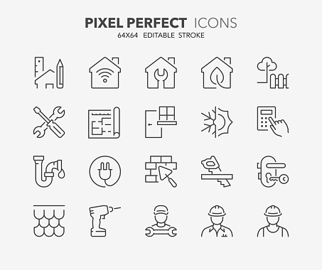 Thin line icons set of renovation, improvement and repair. Outline symbol collection. Editable vector stroke. 64x64 Pixel Perfect.