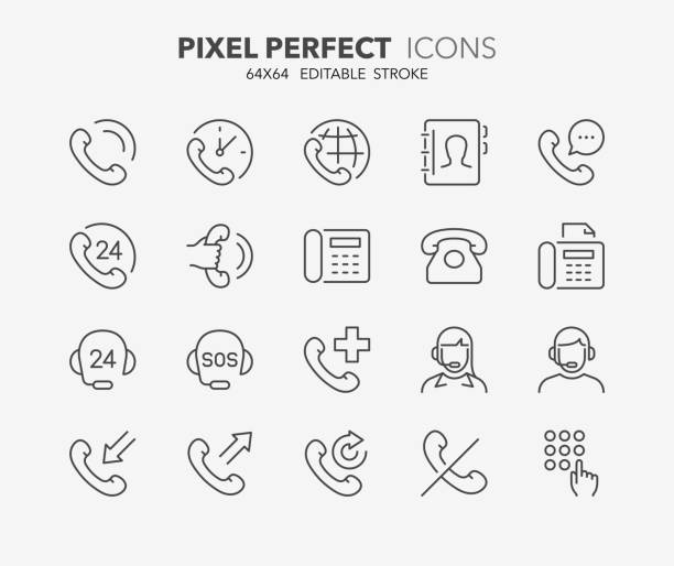 phone calls thin line icons Thin line icons set of support and phone calls. Outline symbol collection. Editable vector stroke. 64x64 Pixel Perfect. 999 call center stock illustrations