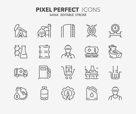 Thin line icons set of oil and gas industry. Outline symbol collection. Editable vector stroke. 64x64 Pixel Perfect.
