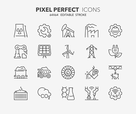 Thin line icons set of heavy and power industry. Outline symbol collection. Editable vector stroke. 64x64 Pixel Perfect.